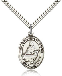 Sterling Silver St. Catherine of Sweden Pendant, Stainless Silver Heavy Curb Chain, Large Size Catholic Medal, 1" x 3/4" Sterling Silver St. Catherine of Sweden Pendant, Stainless Silver Heavy Curb Chain, Large Size Catholic Medal, 1" x 3/4"