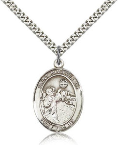 Sterling Silver St. Nimatullah Pendant, Stainless Silver Heavy Curb Chain, Large Size Catholic Medal, 1" x 3/4"