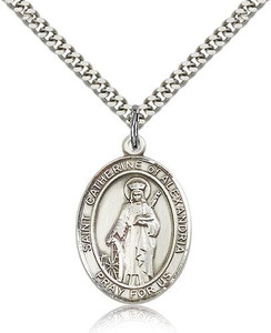 Sterling Silver St. Catherine of Alexandria Pendan, Stainless Silver Heavy Curb Chain, Large Size Catholic Medal, 1" x 3/4" Sterling Silver St. Catherine of Alexandria Pendan, Stainless Silver Heavy Curb Chain, Large Size Catholic Medal, 1" x 3/4"