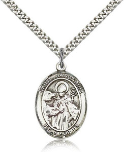 Sterling Silver St. Januarius Pendant, Stainless Silver Heavy Curb Chain, Large Size Catholic Medal, 1" x 3/4"