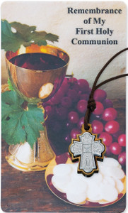 First Communion 4-Way Olive Wood Pendant Prayer Card Set PSD760-95 First Communion 4-Way Olive Wood Pendant Prayer Card Set PSD760-95