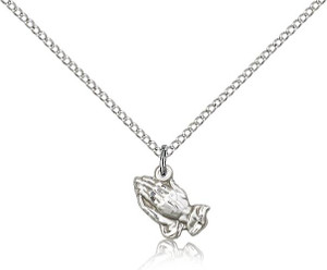 Sterling Silver Praying Hands Pendant, Lite Curb Chain, 3/8" x 3/8"