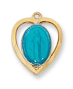 18KT Gold on Sterling Silver Blue Miraculous Heart Shaped Medal