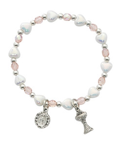 First Communion White Heart with Pink Bead Bracelet BR741C First Communion White Heart with Pink Bead Bracelet BR741C