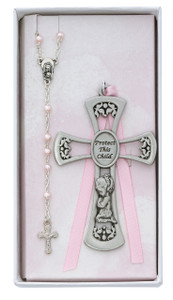 Baptism Girl Pewter Cross and Pink Rosary Set BS10 Baptism Girl Pewter Cross and Pink Rosary Set BS10