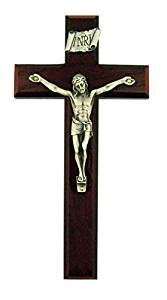 Beveled Cherry Wood 8 Inch Latin Cross Wall Crucifix with Silver Tone Corpus 81-13
