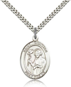 Sterling Silver St. Dunstan Pendant, Stainless Silver Heavy Curb Chain, Large Size Catholic Medal, 1" x 3/4"