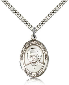 Sterling Silver St. Josemaria Escriva Pendant, Stainless Silver Heavy Curb Chain, Large Size Catholic Medal, 1" x 3/4" Sterling Silver St. Josemaria Escriva Pendant, Stainless Silver Heavy Curb Chain, Large Size Catholic Medal, 1" x 3/4"