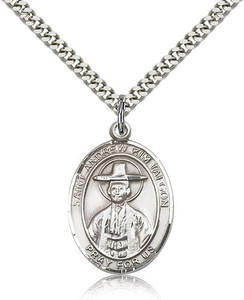 Sterling Silver St. Andrew Kim Taegon Pendant, SN Heavy Curb Chain, Large Size Catholic Medal, 1" x 3/4" Sterling Silver St. Andrew Kim Taegon Pendant, SN Heavy Curb Chain, Large Size Catholic Medal, 1" x 3/4"