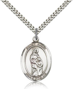 Sterling Silver St. Anne Pendant, SN Heavy Curb Chain, Large Size Catholic Medal, 1" x 3/4" Sterling Silver St. Anne Pendant, SN Heavy Curb Chain, Large Size Catholic Medal, 1" x 3/4"