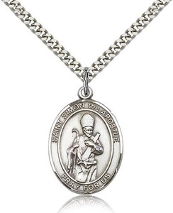 Sterling Silver St. Simon Pendant, SN Heavy Curb Chain, Large Size Catholic Medal, 1" x 3/4" Sterling Silver St. Simon Pendant, SN Heavy Curb Chain, Large Size Catholic Medal, 1" x 3/4"