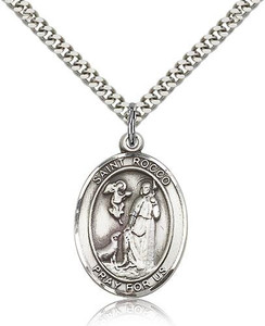 Sterling Silver St. Rocco Pendant, Stainless Silver Heavy Curb Chain, Large Size Catholic Medal, 1" x 3/4"