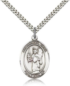 Sterling Silver St. Uriel Pendant, SN Heavy Curb Chain, Large Size Catholic Medal, 1" x 3/4" Sterling Silver St. Uriel Pendant, SN Heavy Curb Chain, Large Size Catholic Medal, 1" x 3/4"