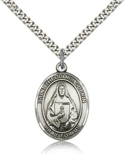 Sterling Silver St. Theodore Guerin Pendant, Heavy Curb Chain, Large Size Catholic Medal, 1" x 3/4" Sterling Silver St. Theodore Guerin Pendant, Heavy Curb Chain, Large Size Catholic Medal, 1" x 3/4"