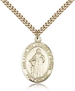 Gold Filled Our Lady of Knots Pendant, SG Heavy Curb Chain, Large Size Catholic Medal, 1" x 3/4" Gold Filled Our Lady of Knots Pendant, SG Heavy Curb Chain, Large Size Catholic Medal, 1" x 3/4"