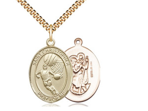 Gold Filled St. Christopher/Basketball Pendant, SG Heavy Curb Chain, Large Size Catholic Medal, 1" x 3/4"