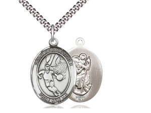 Sterling Silver St. Christopher Basketball Pendant, Stainless Silver Heavy Curb Chain, Large Size Catholic Medal, 1" x 3/4" Sterling Silver St. Christopher Basketball Pendant, Stainless Silver Heavy Curb Chain, Large Size Catholic Medal, 1" x 3/4"