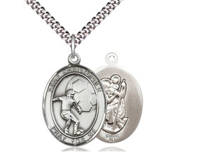 Sterling Silver St. Christopher Soccer Pendant, Stainless Silver Heavy Curb Chain, Large Size Catholic Medal, 1" x 3/4" Sterling Silver St. Christopher Soccer Pendant, Stainless Silver Heavy Curb Chain, Large Size Catholic Medal, 1" x 3/4"