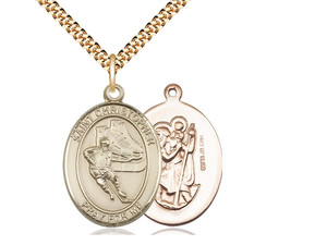Gold Filled St. Christopher/Hockey Pendant, SG Heavy Curb Chain, Large Size Catholic Medal, 1" x 3/4" Gold Filled St. Christopher/Hockey Pendant, SG Heavy Curb Chain, Large Size Catholic Medal, 1" x 3/4"