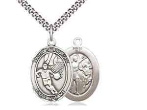Sterling Silver St. Sebastian Basketball Pendant, rhodium Heavy Curb Chain, Large Size Catholic Medal, 1" x 3/4" Sterling Silver St. Sebastian Basketball Pendant, rhodium Heavy Curb Chain, Large Size Catholic Medal, 1" x 3/4"
