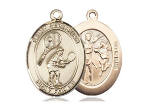 Gold Filled St. Sebastian / Tennis Pendant, SG Heavy Curb Chain, Large Size Catholic Medal, 1" x 3/4"
