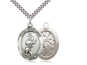 Sterling Silver St. Sebastian Softball Pendant, SN Heavy Curb Chain, Large Size Catholic Medal, 1" x 3/4" Sterling Silver St. Sebastian Softball Pendant, SN Heavy Curb Chain, Large Size Catholic Medal, 1" x 3/4"