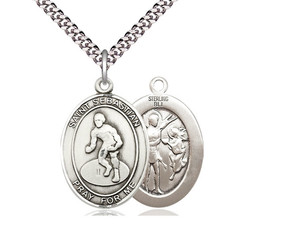 Sterling Silver St. Sebastian Wrestling Pendant, SN Heavy Curb Chain, Large Size Catholic Medal, 1" x 3/4" Sterling Silver St. Sebastian Wrestling Pendant, SN Heavy Curb Chain, Large Size Catholic Medal, 1" x 3/4"