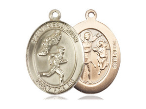 Gold Filled St. Sebastian / Track & Field Pendant, SG Heavy Curb Chain, Large Size Catholic Medal, 1" x 3/4" Gold Filled St. Sebastian / Track & Field Pendant, SG Heavy Curb Chain, Large Size Catholic Medal, 1" x 3/4"
