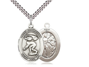 Sterling Silver St. Sebastian Swimming Pendant, Heavy Curb Chain, Large Size Catholic Medal, 1" x 3/4" Sterling Silver St. Sebastian Swimming Pendant, Heavy Curb Chain, Large Size Catholic Medal, 1" x 3/4"