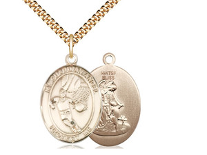 Gold Filled Guardian Angel Basketball Pendant, Heavy Curb Chain, Large Size Catholic Medal, 1" x 3/4" Gold Filled Guardian Angel Basketball Pendant, Heavy Curb Chain, Large Size Catholic Medal, 1" x 3/4"