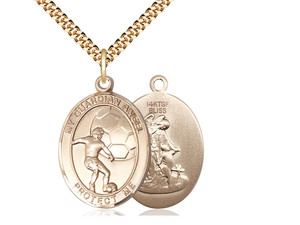 Gold Filled Guardian Angel/Soccer Pendant, SG Heavy Curb Chain, Large Size Catholic Medal, 1" x 3/4" Gold Filled Guardian Angel/Soccer Pendant, SG Heavy Curb Chain, Large Size Catholic Medal, 1" x 3/4"