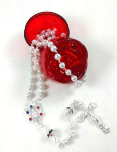 Rosary Imitation Pearl Bead with Red Rose Case R6103 Rosary Imitation Pearl Bead with Red Rose Case R6103