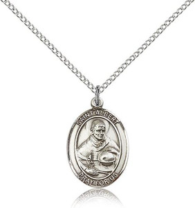 Sterling Silver St. Albert the Great Pendant, Lite Curb Chain, Medium Size Catholic Medal, 3/4" x 1/2" Sterling Silver St. Albert the Great Pendant, Lite Curb Chain, Medium Size Catholic Medal, 3/4" x 1/2"