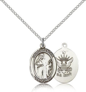 Sterling Silver St. Brendan the Navigator / Navy Pendant, Sterling Silver Lite Curb Chain, Medium Size Catholic Medal, 3/4" x 1/2" Sterling Silver St. Brendan the Navigator / Navy Pendant, Sterling Silver Lite Curb Chain, Medium Size Catholic Medal, 3/4" x 1/2"