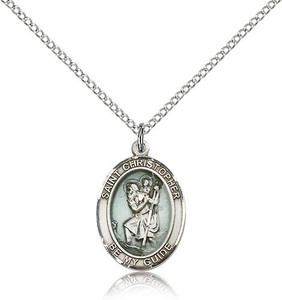Sterling Silver St. Christopher Pendant, Lite Curb Chain, Medium Size Catholic Medal, 3/4" x 1/2" Sterling Silver St. Christopher Pendant, Lite Curb Chain, Medium Size Catholic Medal, 3/4" x 1/2"