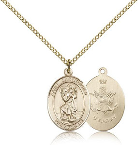 Gold Filled St. Christopher / Army Pendant, Gold Filled Lite Curb Chain, Medium Size Catholic Medal, 3/4" x 1/2" Gold Filled St. Christopher / Army Pendant, Gold Filled Lite Curb Chain, Medium Size Catholic Medal, 3/4" x 1/2"