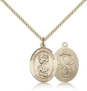 Gold Filled St. Christopher / Nat'l Guard Pendant, Gold Filled Lite Curb Chain, Medium Size Catholic Medal, 3/4" x 1/2" Gold Filled St. Christopher / Nat'l Guard Pendant, Gold Filled Lite Curb Chain, Medium Size Catholic Medal, 3/4" x 1/2"