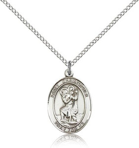 Sterling Silver St. Christopher Pendant, Lite Curb Chain, Medium Size Catholic Medal, 3/4" x 1/2" Sterling Silver St. Christopher Pendant, Lite Curb Chain, Medium Size Catholic Medal, 3/4" x 1/2"