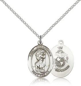 Sterling Silver St. Christopher / Marines Pendant, Sterling Silver Lite Curb Chain, Medium Size Catholic Medal, 3/4" x 1/2" Sterling Silver St. Christopher / Marines Pendant, Sterling Silver Lite Curb Chain, Medium Size Catholic Medal, 3/4" x 1/2"