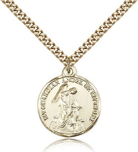 Gold Filled Guardian Angel Pendant, Stainless Gold Heavy Curb Chain, 7/8" x 3/4" Gold Filled Guardian Angel Pendant, Stainless Gold Heavy Curb Chain, 7/8" x 3/4"