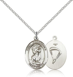 Sterling Silver St. Christopher / Paratrooper Pend, Sterling Silver Lite Curb Chain, Medium Size Catholic Medal, 3/4" x 1/2" Sterling Silver St. Christopher / Paratrooper Pend, Sterling Silver Lite Curb Chain, Medium Size Catholic Medal, 3/4" x 1/2"