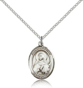Sterling Silver St. Dorothy Pendant, Lite Curb Chain, Medium Size Catholic Medal, 3/4" x 1/2"