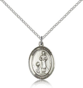 Sterling Silver St. Genesius of Rome Pendant, Lite Curb Chain, Medium Size Catholic Medal, 3/4" x 1/2" Sterling Silver St. Genesius of Rome Pendant, Lite Curb Chain, Medium Size Catholic Medal, 3/4" x 1/2"