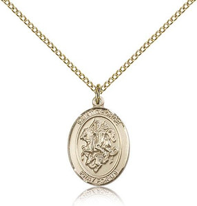 Gold Filled St. George Pendant, Gold Filled Lite Curb Chain, Medium Size Catholic Medal, 3/4" x 1/2" Gold Filled St. George Pendant, Gold Filled Lite Curb Chain, Medium Size Catholic Medal, 3/4" x 1/2"