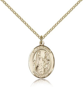 Gold Filled St. Genevieve Pendant, Gold Filled Lite Curb Chain, Medium Size Catholic Medal, 3/4" x 1/2"