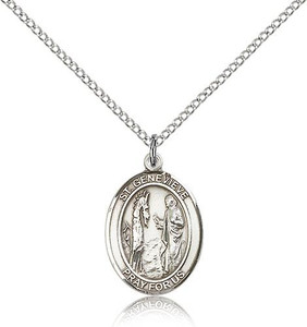 Sterling Silver St. Genevieve Pendant, Lite Curb Chain, Medium Size Catholic Medal, 3/4" x 1/2"