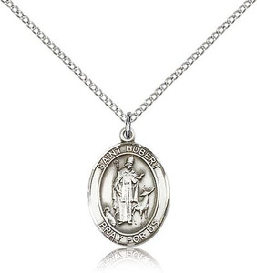 Sterling Silver St. Hubert of Liege Pendant, Lite Curb Chain, Medium Size Catholic Medal, 3/4" x 1/2" Sterling Silver St. Hubert of Liege Pendant, Lite Curb Chain, Medium Size Catholic Medal, 3/4" x 1/2"
