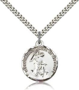 Sterling Silver Guardian Angel Pendant, Stainless Silver Heavy Curb Chain, 7/8" x 3/4" Sterling Silver Guardian Angel Pendant, Stainless Silver Heavy Curb Chain, 7/8" x 3/4"
