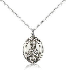 Sterling Silver St. Henry II Pendant, Lite Curb Chain, Medium Size Catholic Medal, 3/4" x 1/2"