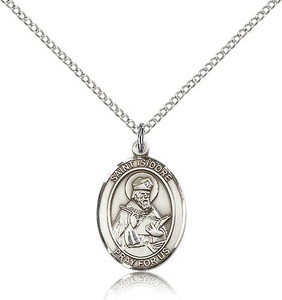 Sterling Silver St. Isidore of Seville Pendant, Lite Curb Chain, Medium Size Catholic Medal, 3/4" x 1/2" Sterling Silver St. Isidore of Seville Pendant, Lite Curb Chain, Medium Size Catholic Medal, 3/4" x 1/2"